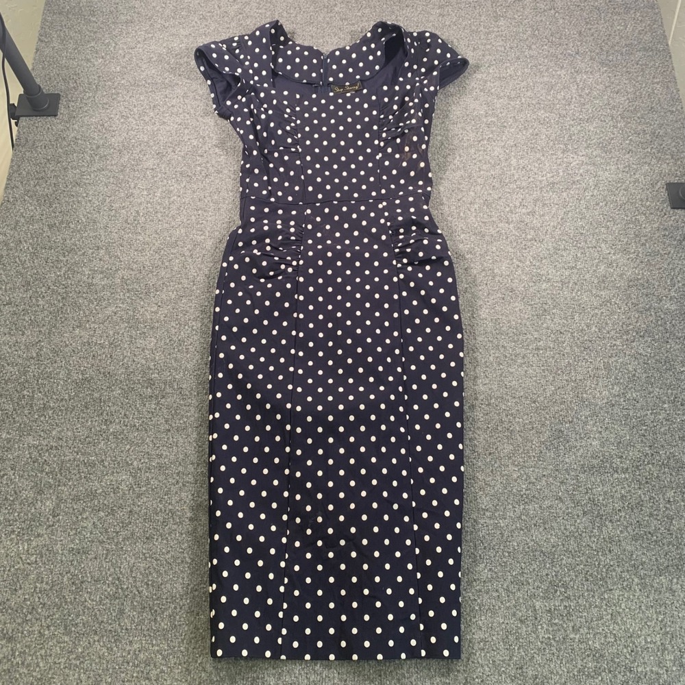 Stop Staring Dress Navy Blue Polka Dot Pin Up Wiggle Retro Rockabilly Large